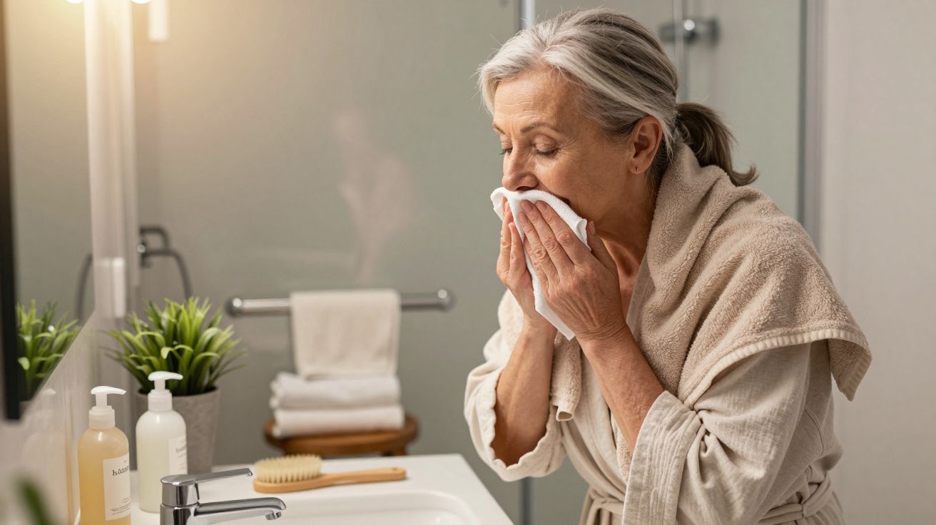 Mulher madura com toalha nos ombros limpa o rosto com lenço em banheiro moderno.