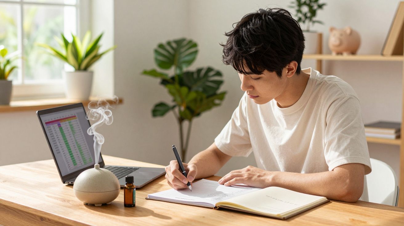 Jovem concentrado escrevendo em caderno, laptop aberto e difusor de aromas aceso em mesa iluminada.