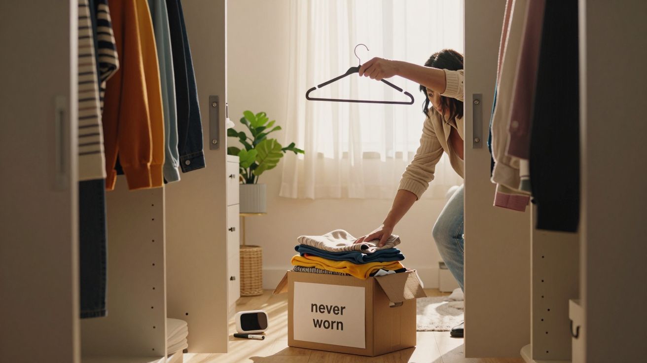 Pessoa organizando roupas em caixa com etiqueta "never worn" dentro de guarda-roupa iluminado pela luz natural.