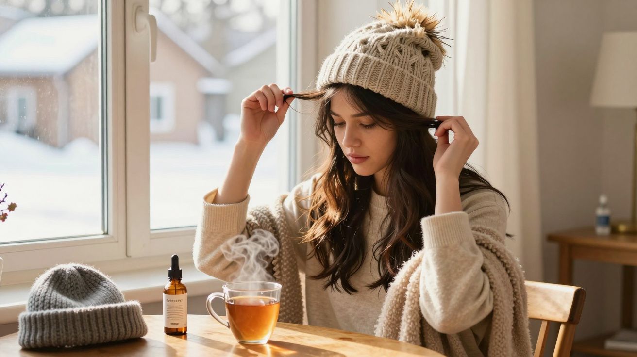 Mulher com gorro bege ajustando o cabelo, sentada à mesa com chá quente perto da janela em ambiente aconchegante.