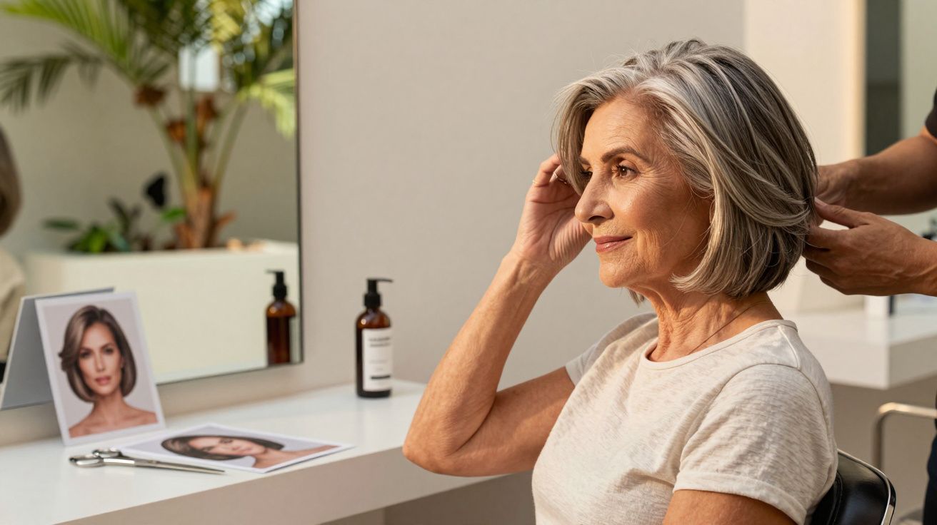 Mulher idosa sentada à frente do espelho enquanto profissional ajeita seu cabelo em salão.