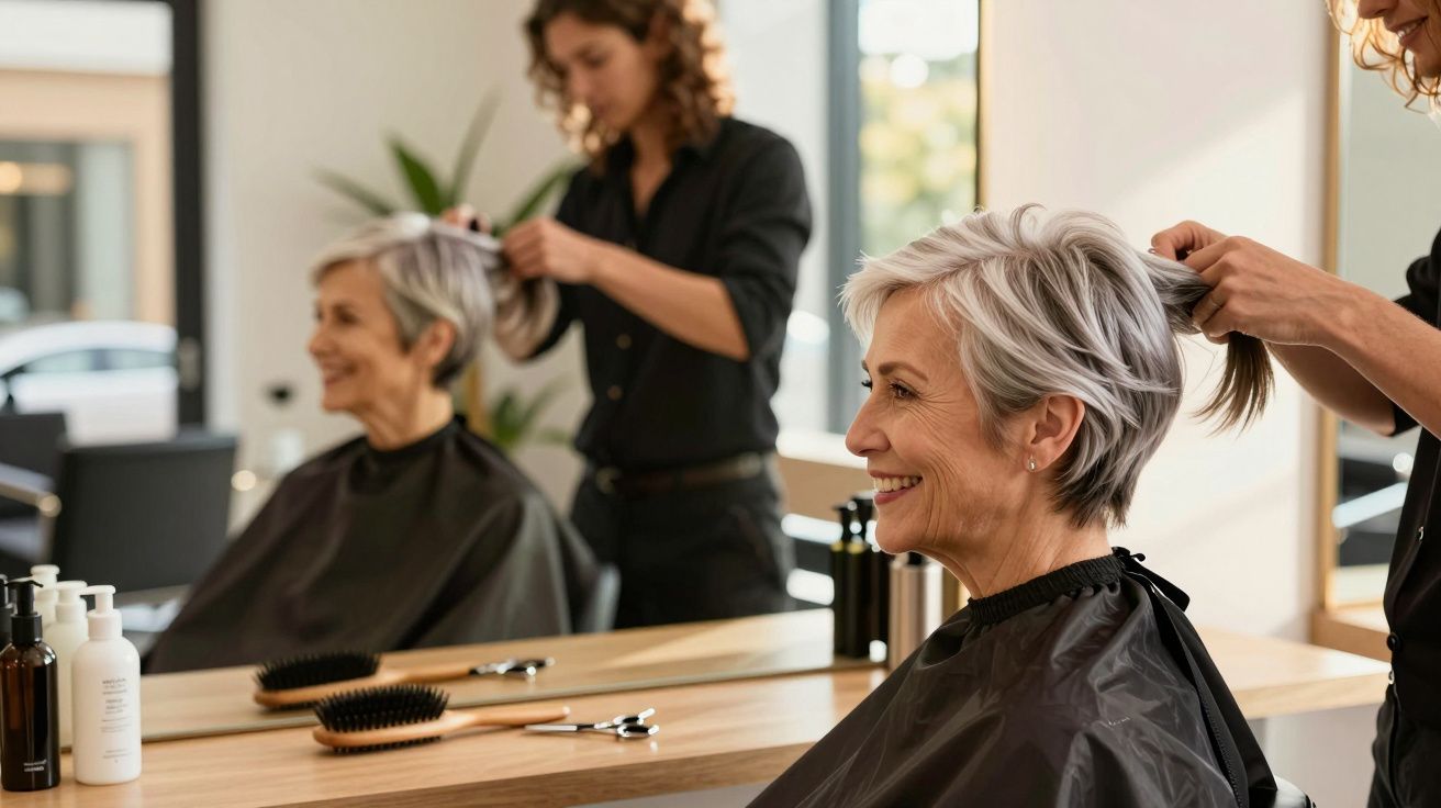 Mulher sorridente com cabelo grisalho curto recebendo corte de cabelo em salão moderno.