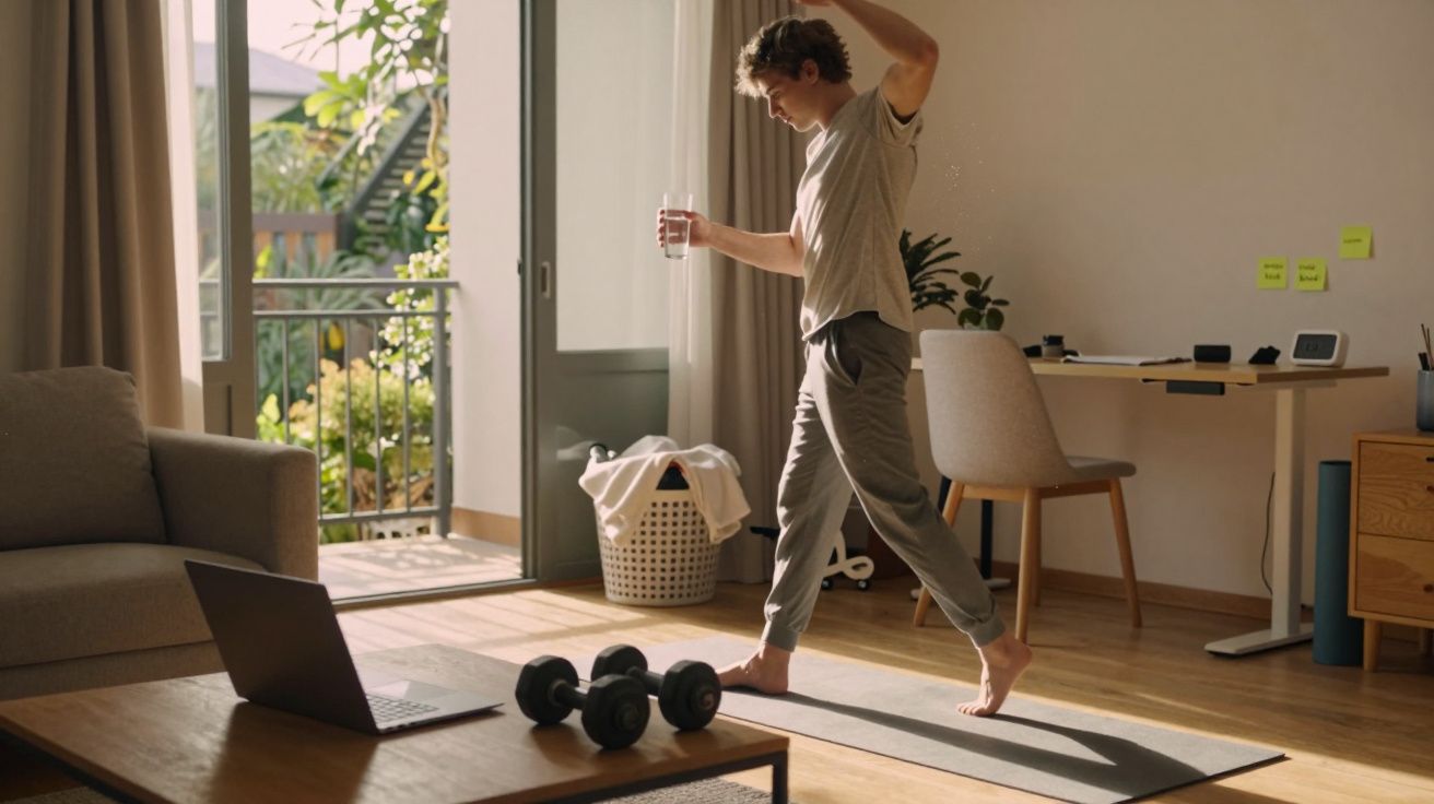 Homem descalço fazendo exercícios em casa com pesos, tapete e laptop em sala iluminada.