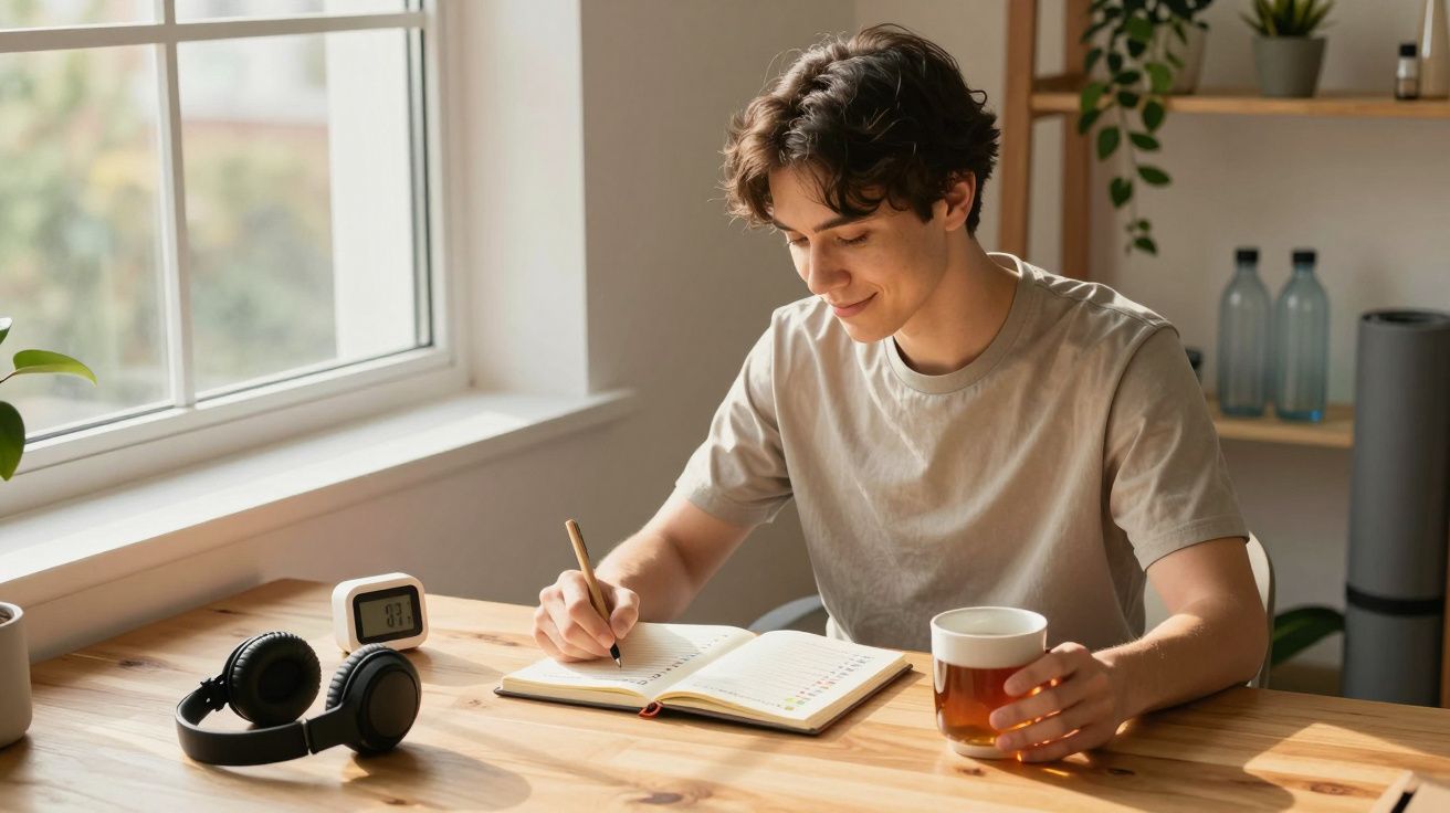 Jovem sentado à mesa escrevendo em caderno e segurando copo de chá em ambiente iluminado por janela.