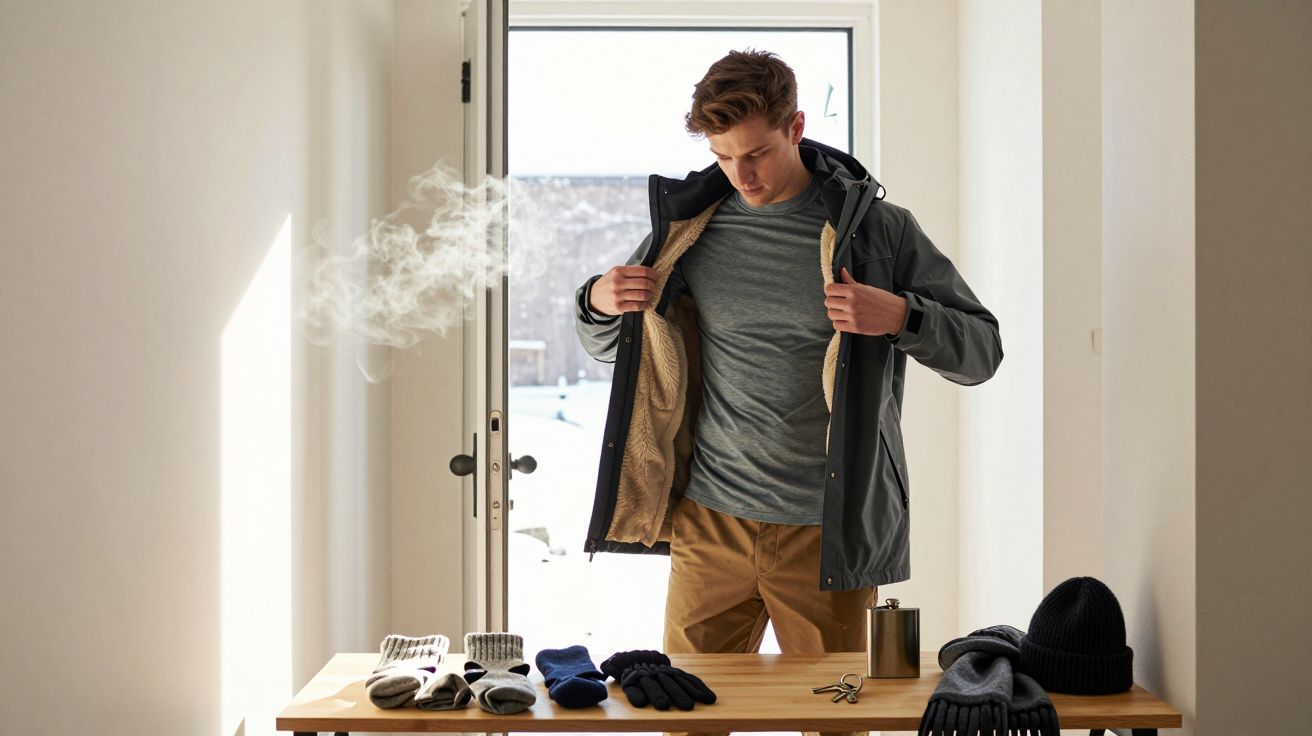 Homem vestindo jaqueta forrada abre a jaqueta em ambiente iluminado próximo a mesa com roupas de inverno.