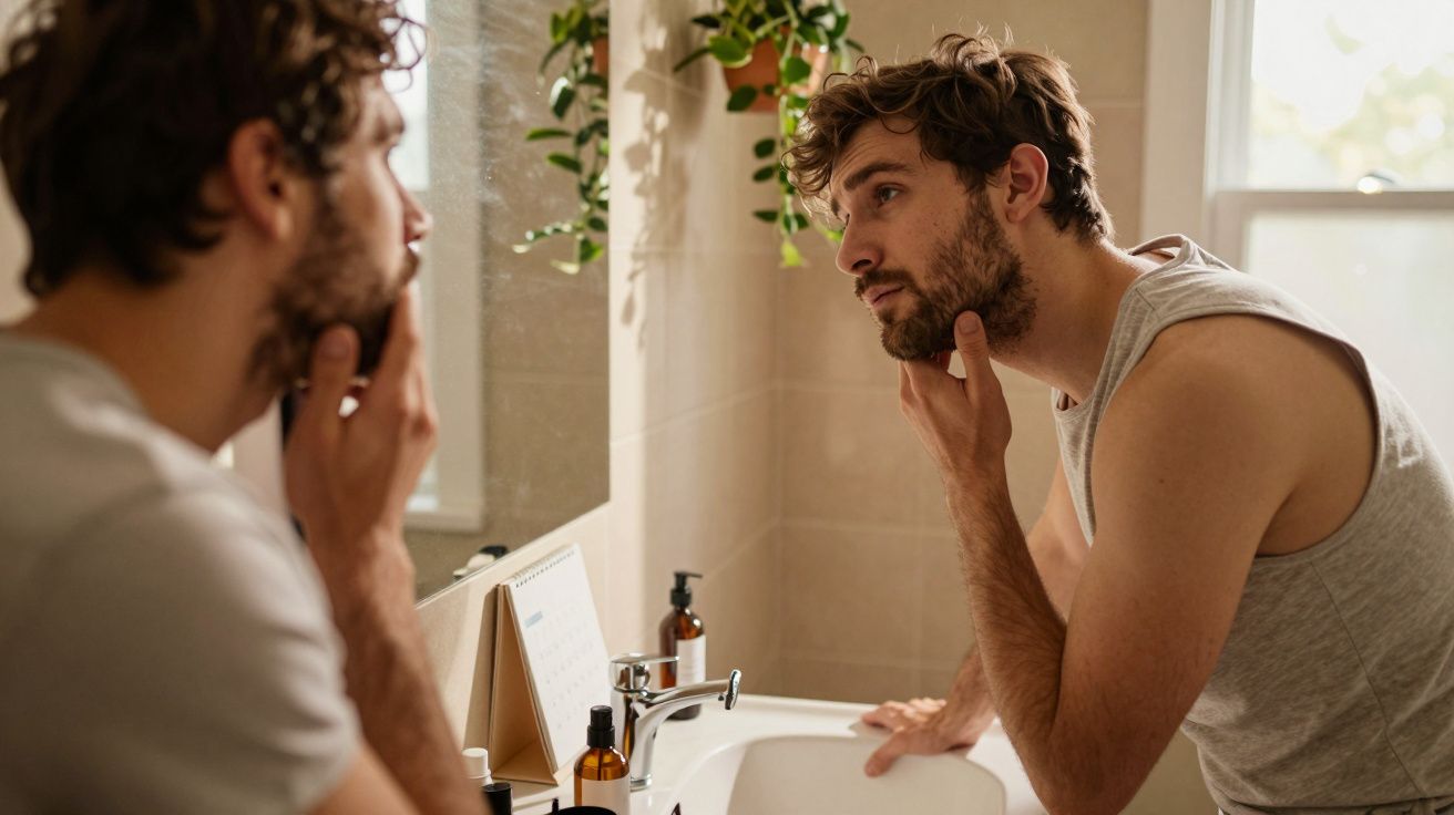 Homem olhando seu rosto no espelho do banheiro, tocando a barba com a mão direita.