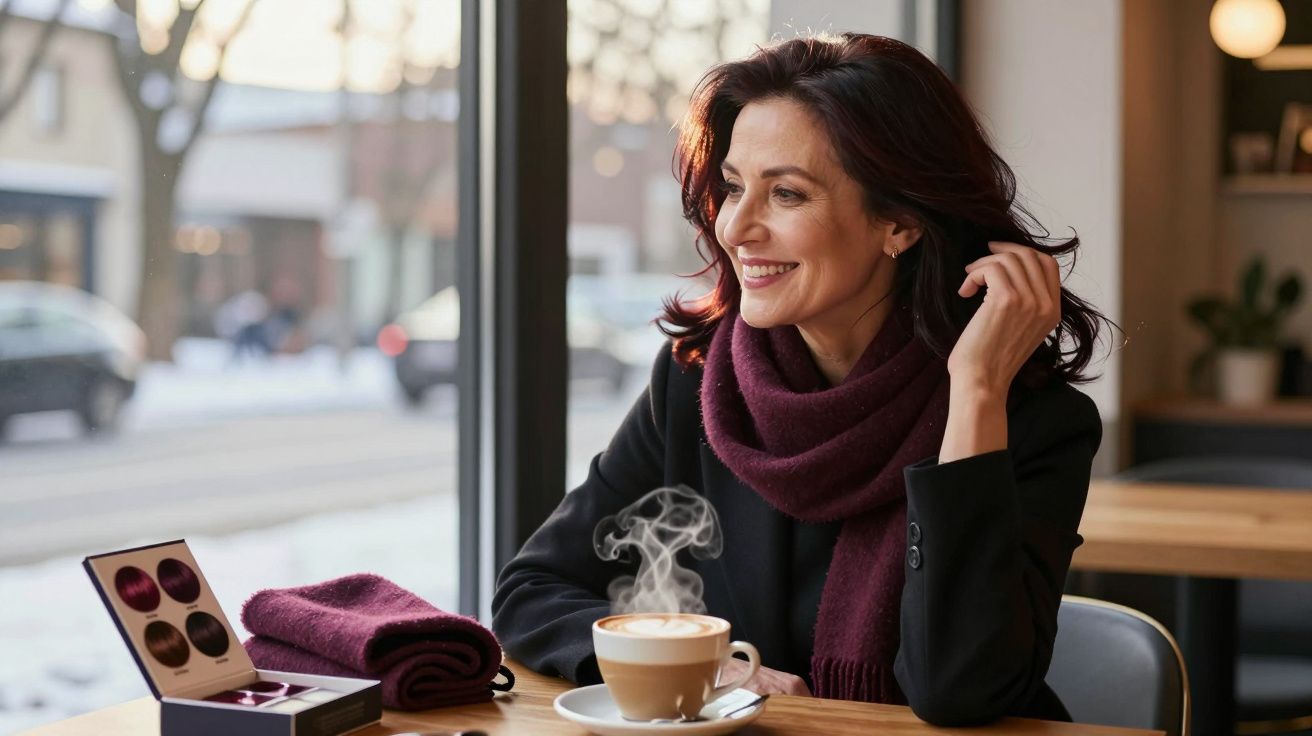 Mulher sorridente tomando café quente em cafeteria, vestindo cachecol e casaco, olhando pela janela.