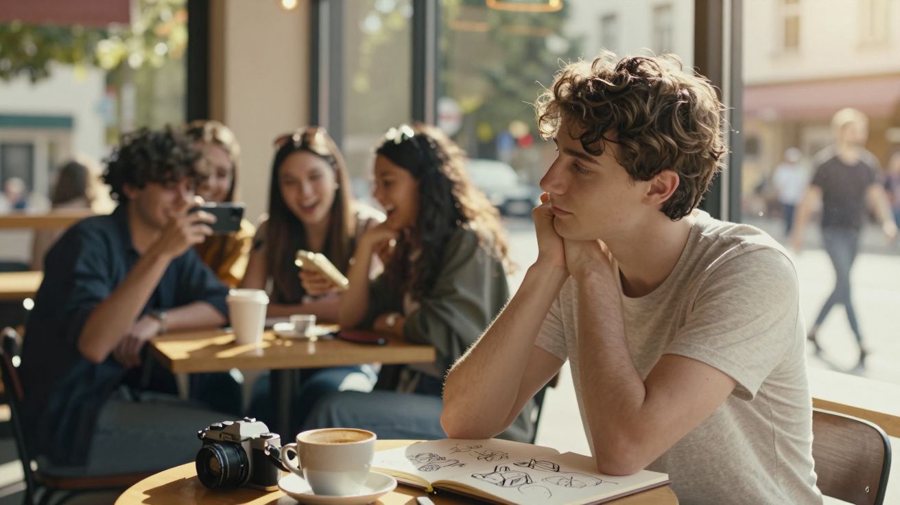 Jovem pensativo sentado sozinho em café, com câmera e caderno, enquanto grupo ao fundo se diverte.