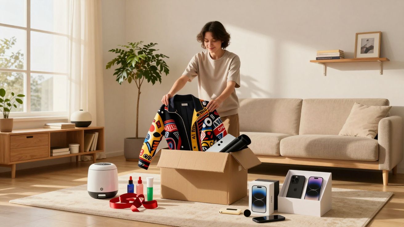 Pessoa desempacotando casaco colorido em caixa de papelão, com eletrodomésticos e celulares ao redor na sala.