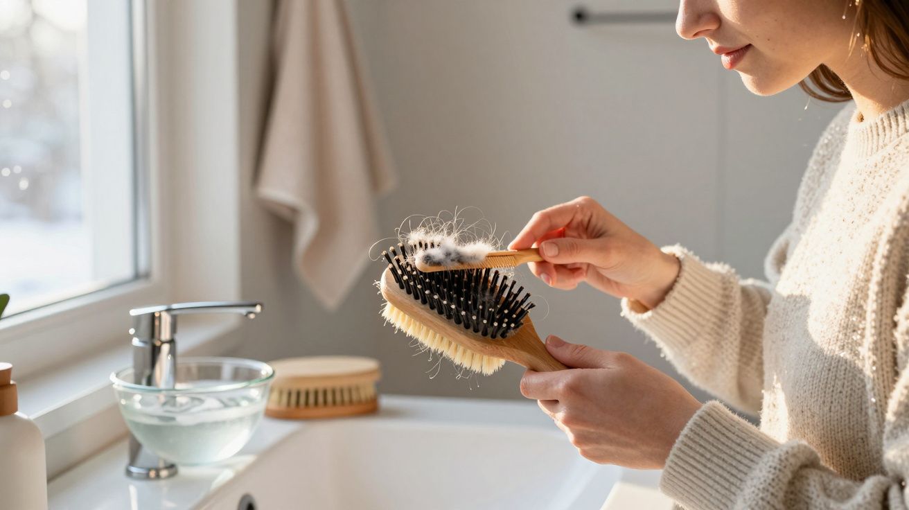 Mulher limpando pelo acumulado em escova de cabelo com escovinha menor em banheiro iluminado.