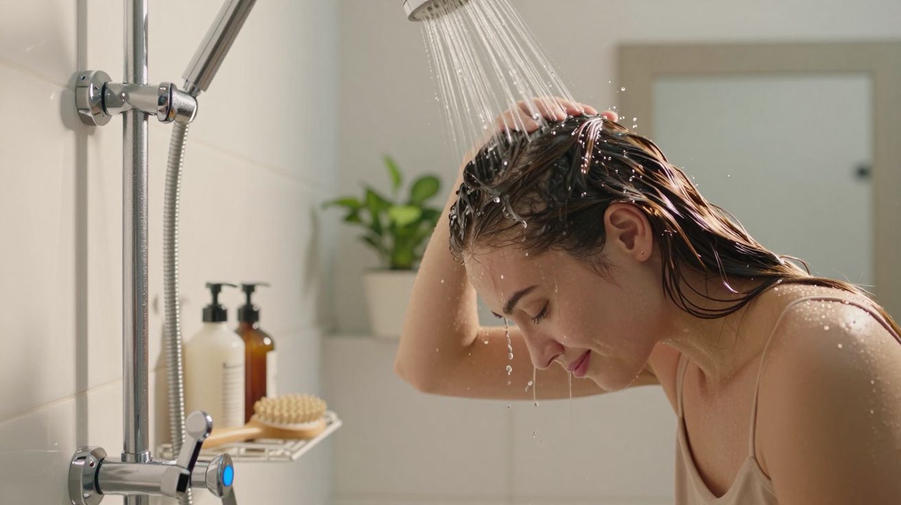 Mulher lavando o cabelo no chuveiro com água caindo sobre a cabeça em banheiro branco.