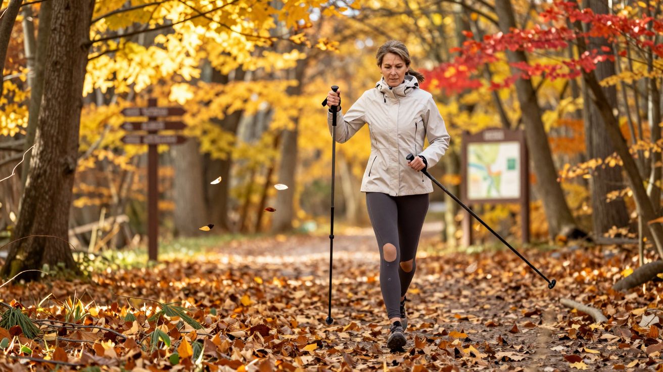 Mulher caminhando com bastões em trilha de floresta com folhas de outono caídas no chão.