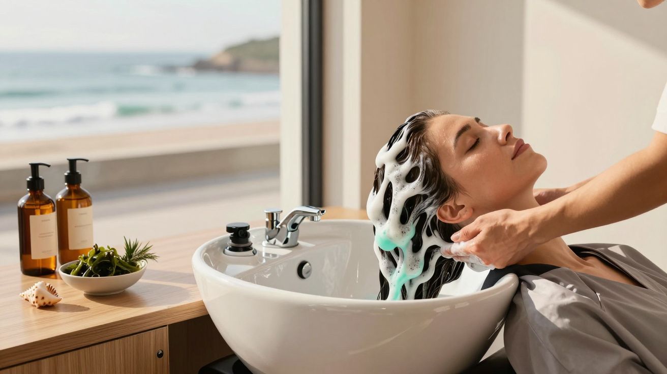 Mulher relaxando enquanto profissional lava seus cabelos com espuma em salão perto da praia.