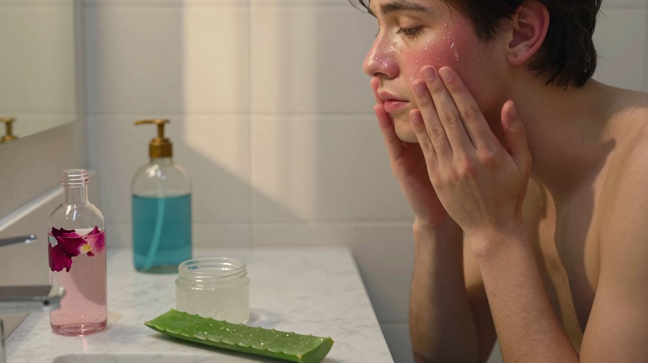 Jovem aplicando creme facial ao lado de vaso com sabonete líquido e folha de aloe vera no banheiro.