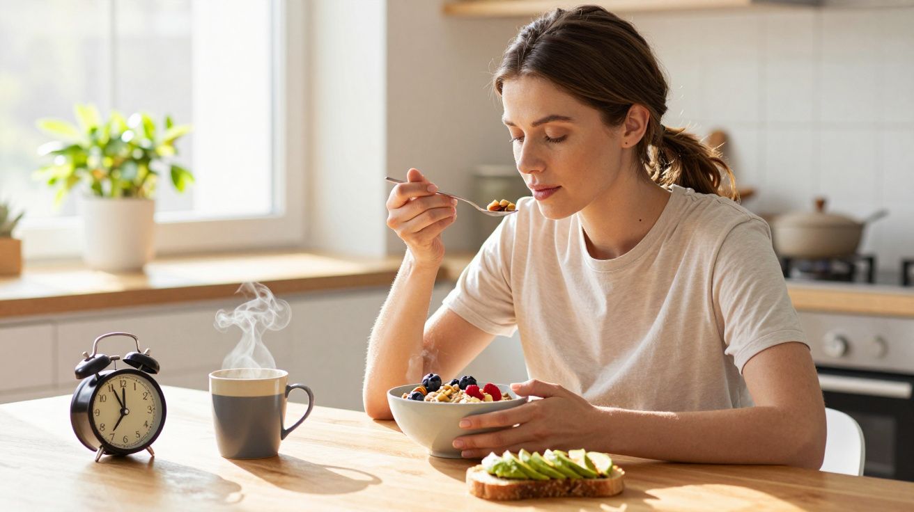 Mulher com camiseta branca tomando café da manhã com cereal, frutas e torrada na cozinha iluminada.