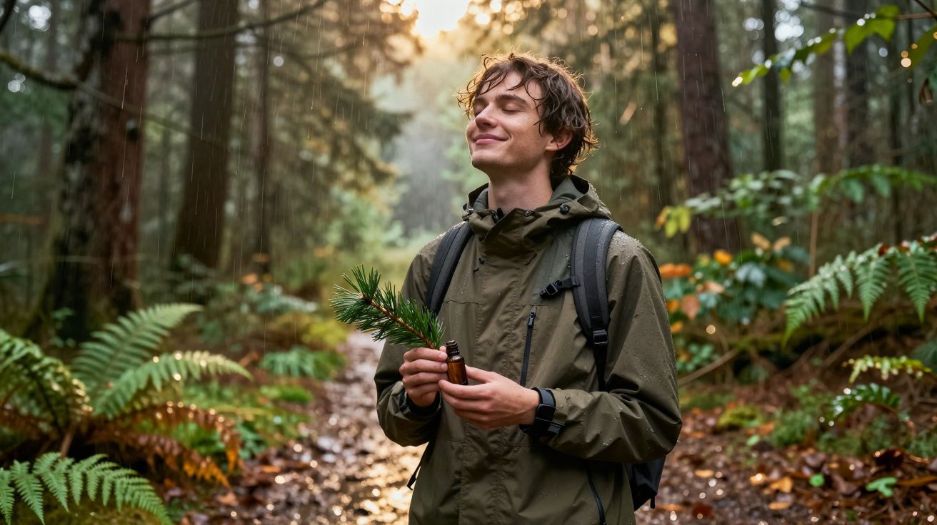 Homem sorrindo com olhos fechados segurando planta e frasco em floresta durante chuva leve.