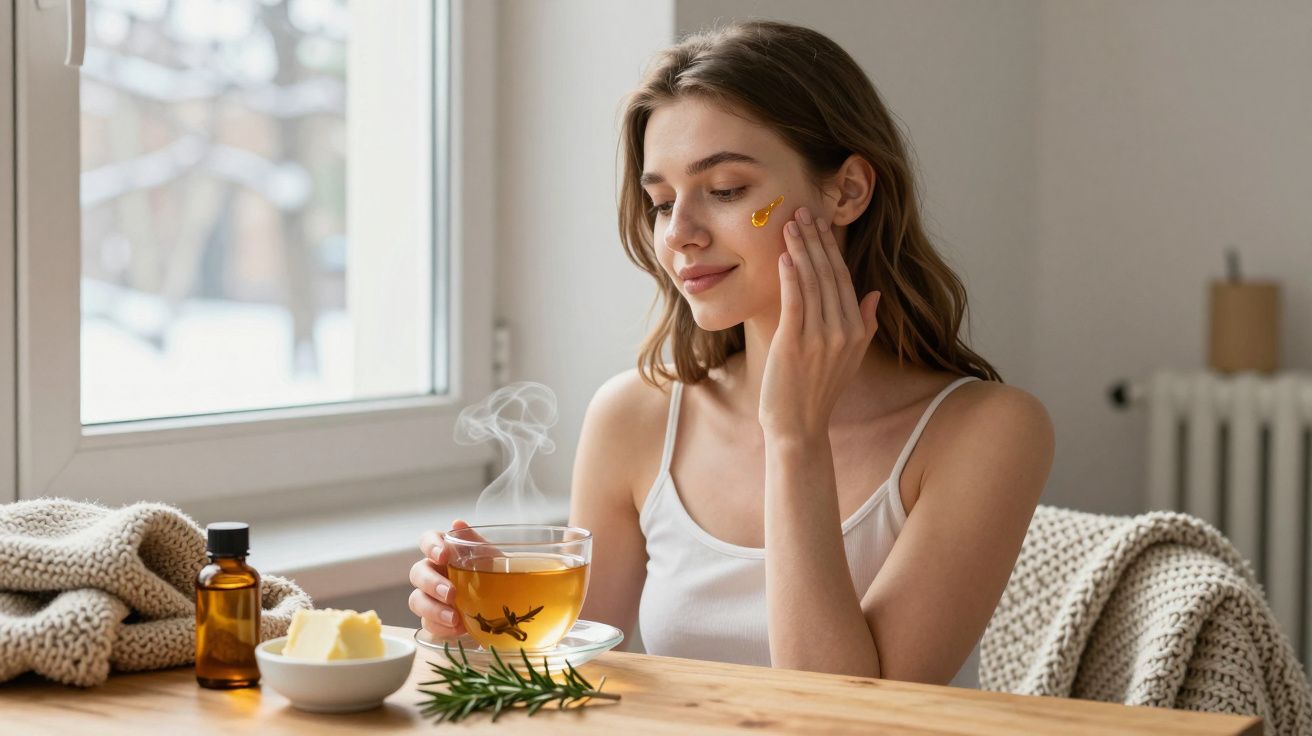 Mulher aplicando creme no rosto enquanto segura uma xícara de chá quente em ambiente aconchegante.