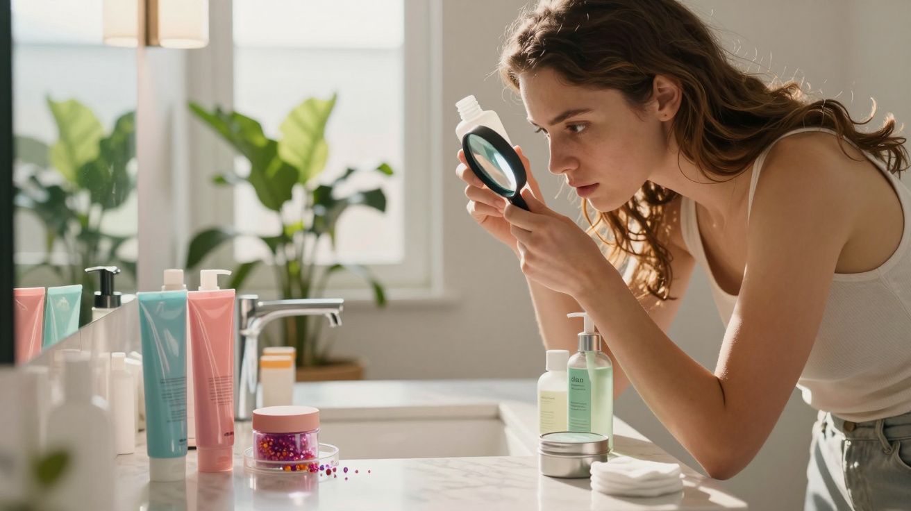 Mulher examinando rótulo de produto cosmético com lupa em banheiro iluminado e plantas ao fundo.
