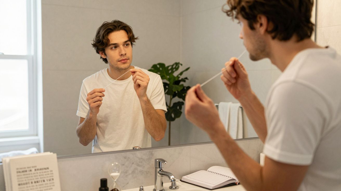 Jovem usando fio dental enquanto se olha no espelho do banheiro moderno.