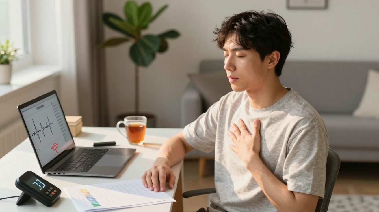 Jovem sentado em mesa de trabalho com mão no peito, expressão de desconforto, laptop e monitor de pressão arterial.