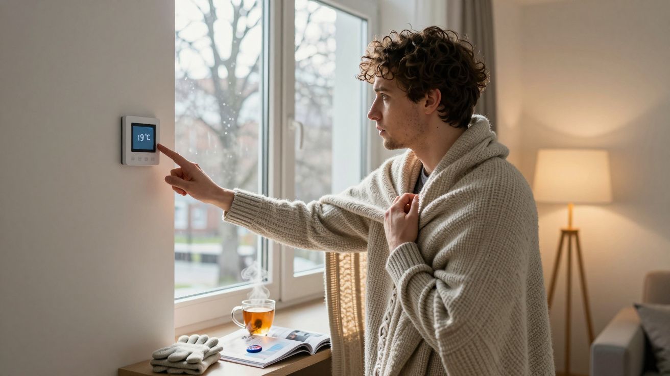 Homem com cobertor ajusta termostato para 19°C em ambiente interno próximo à janela durante dia frio.