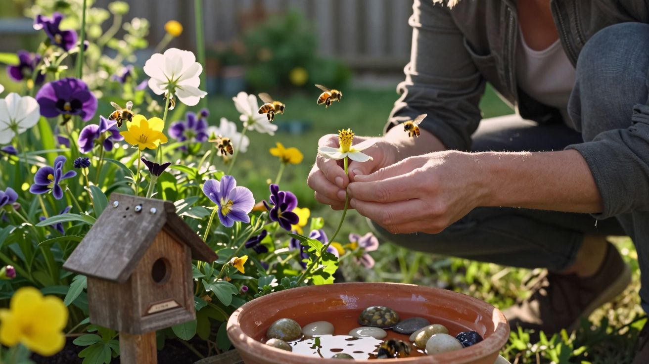 Pessoa em jardim segurando flor com abelhas voando perto de casa de passarinho e tigela com água e pedras.