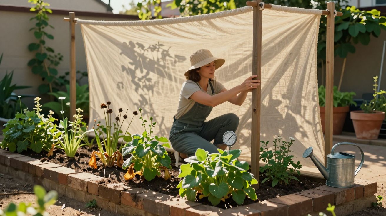 Mulher com chapéu ajusta estrutura de tecido em jardim com plantas e regador metálico ao lado.