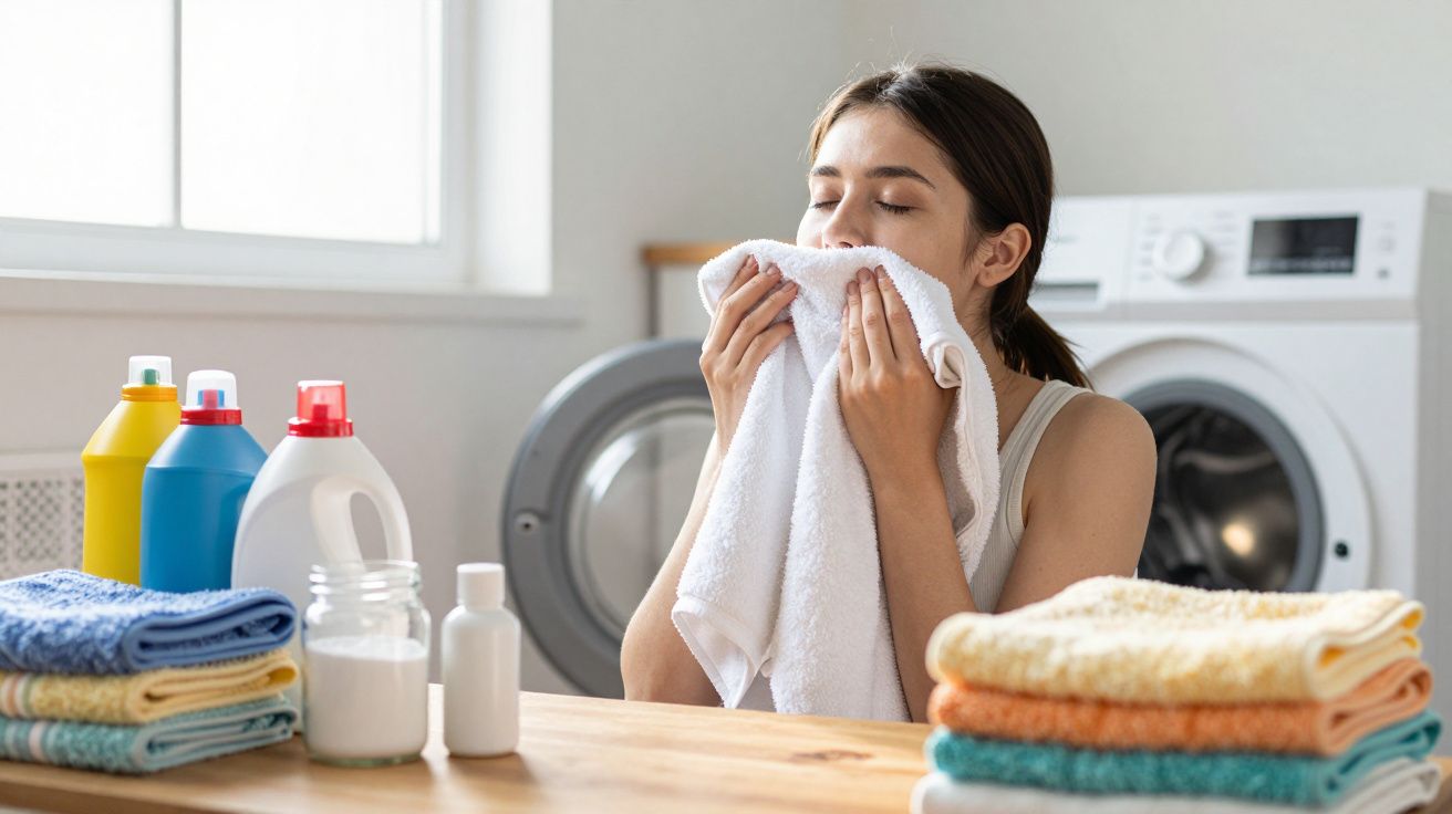Mulher cheirando toalha branca após lavar roupa em lavanderia com pilhas de toalhas e produtos de limpeza.