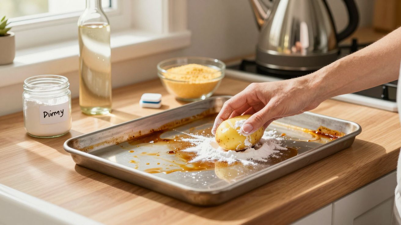 Mão cobrindo batata com farinha em uma assadeira, com temperos e utensílios na bancada da cozinha.