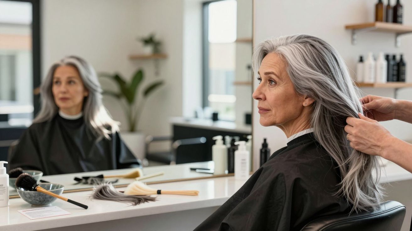 Mulher com cabelo grisalho sendo atendida em salão de beleza, sentada em cadeira frente ao espelho.
