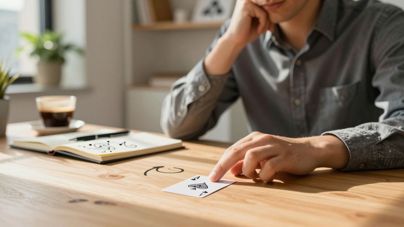 Pessoa sentado à mesa apontando para carta Ás de Espadas com livro, café e plantas ao fundo.