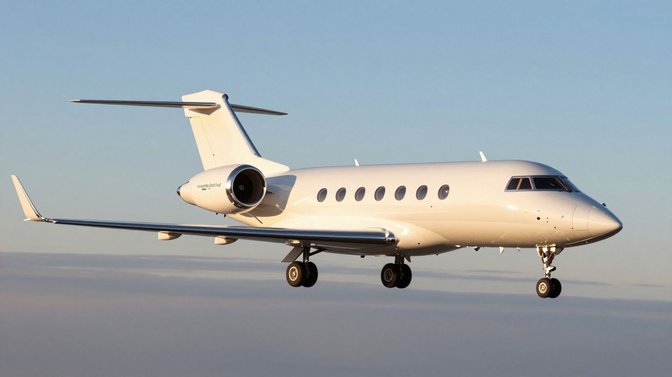 Avião particular branco voando ao entardecer com céu claro ao fundo.