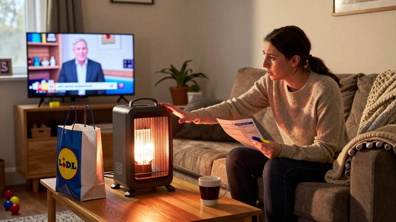 Mulher sentada no sofá, esquentando as mãos em um aquecedor elétrico, lendo uma conta, com TV ligada ao fundo.