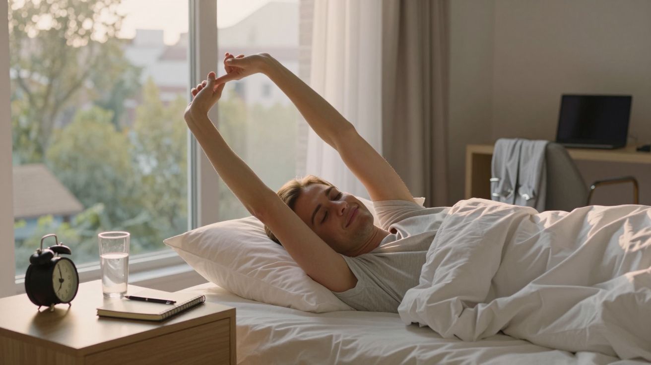 Homem acordando, espreguiçando-se na cama com luz suave entrando pela janela.