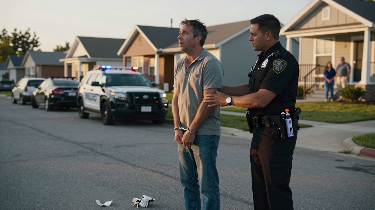 Policial prende homem algemado em rua residencial ao entardecer, com viatura policial ao fundo.