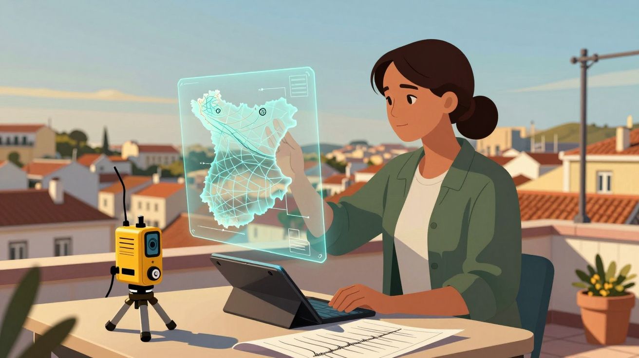 Mulher usando tablet em terraço interage com mapa holográfico, com equipamento amarelo em mesa ensolarada.