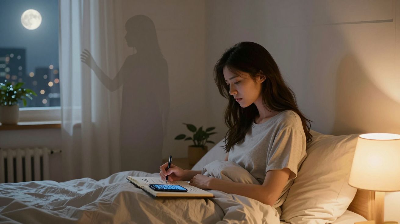 Mulher sentada na cama escrevendo em um caderno com sombra transparente olhando para a lua pela janela.