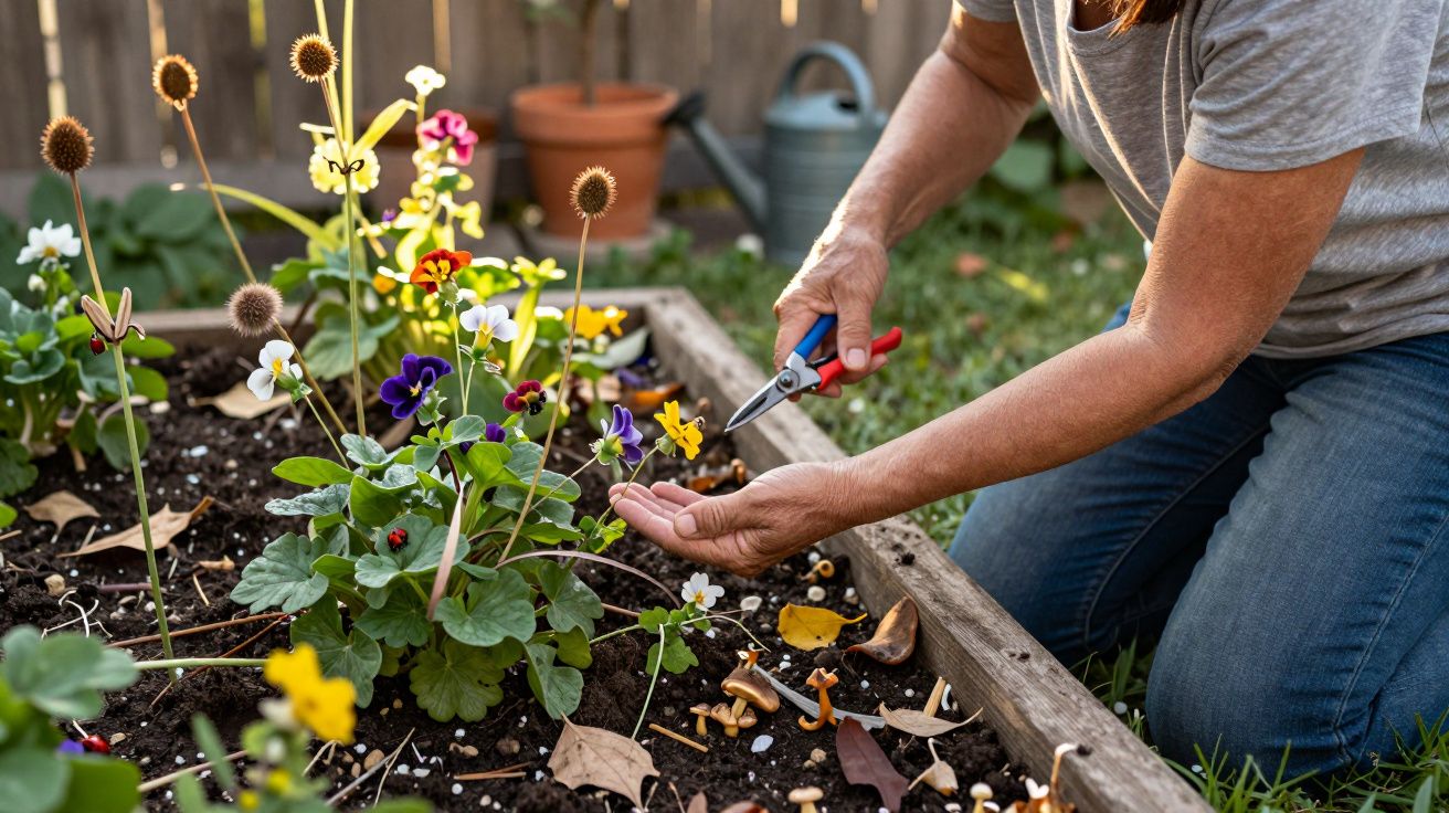 Pessoa podando flores coloridas em um canteiro de jardim ao ar livre durante o dia.
