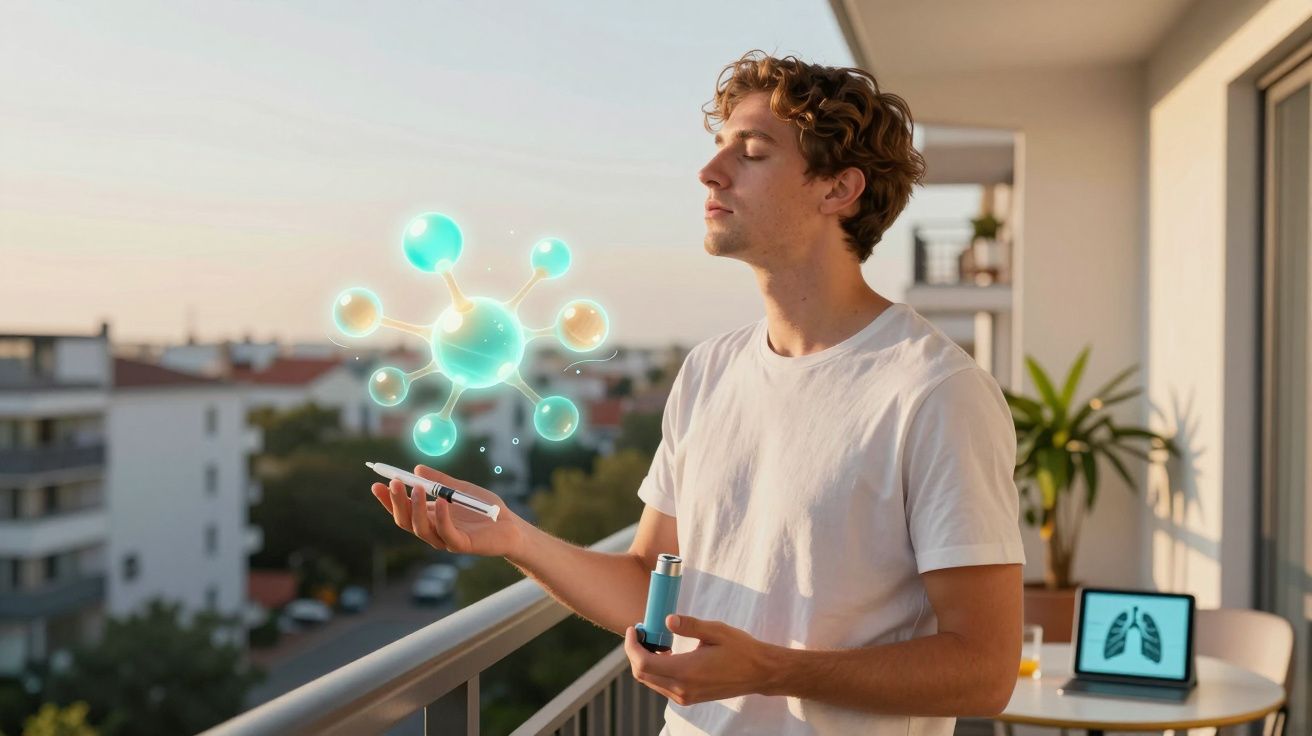 Jovem com inalador e seringa na mão observa modelo digital de vírus em varanda ao pôr do sol.