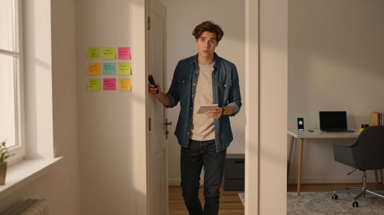 Jovem entra em um quarto com post-its coloridos na parede e segura um controle remoto e um tablet.