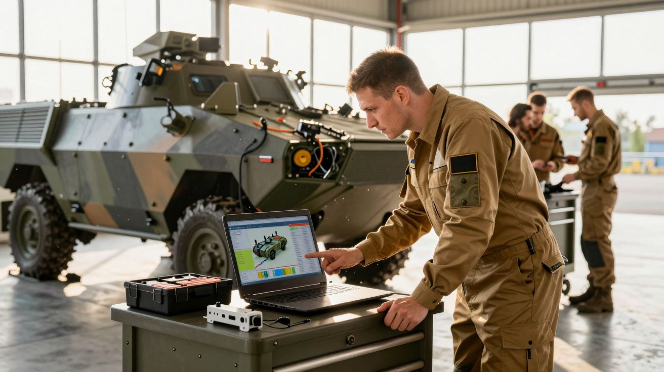 Militar analisando projeto de veículo blindado em laptop dentro de oficina com veículo ao fundo.