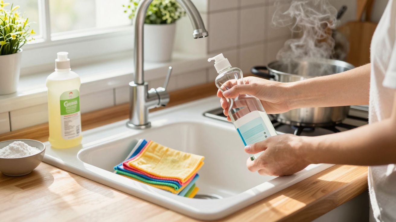 Pessoa segurando detergente perto de pia com panos coloridos e panela cozinhando ao fundo.