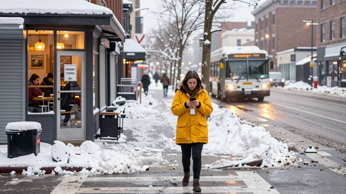 Pessoa com casaco amarelo caminhando na rua nevada e usando celular, com ônibus e pessoas ao fundo.