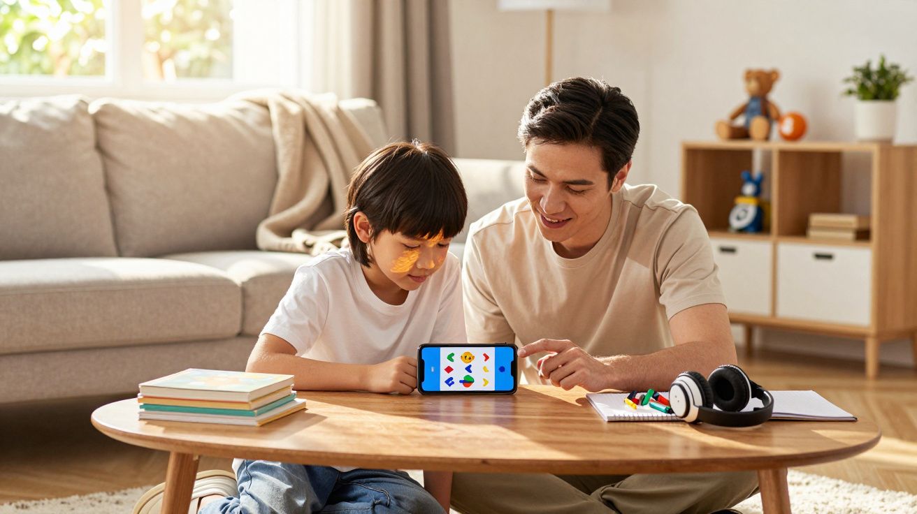 Pai e filho sentados no chão brincando com celular em sala iluminada e arrumada.