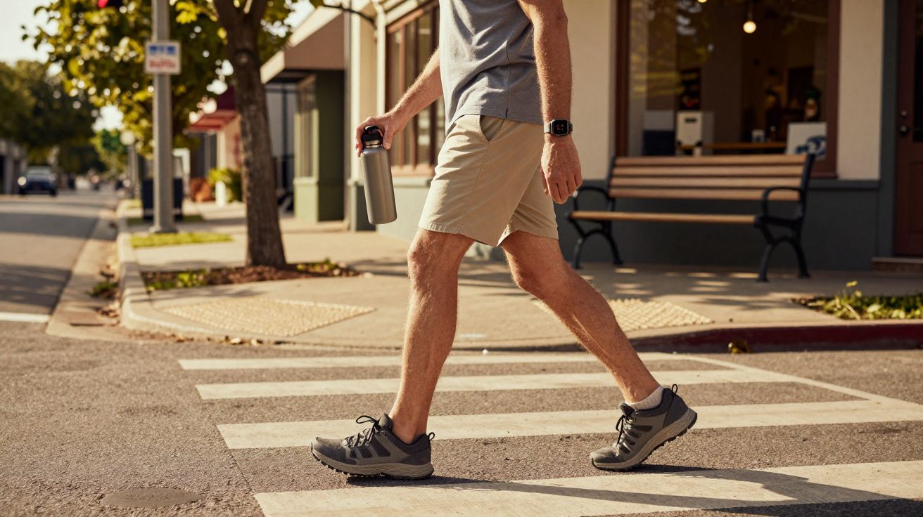Pessoa caminhando em faixa de pedestres segura garrafa térmica em dia ensolarado na cidade.
