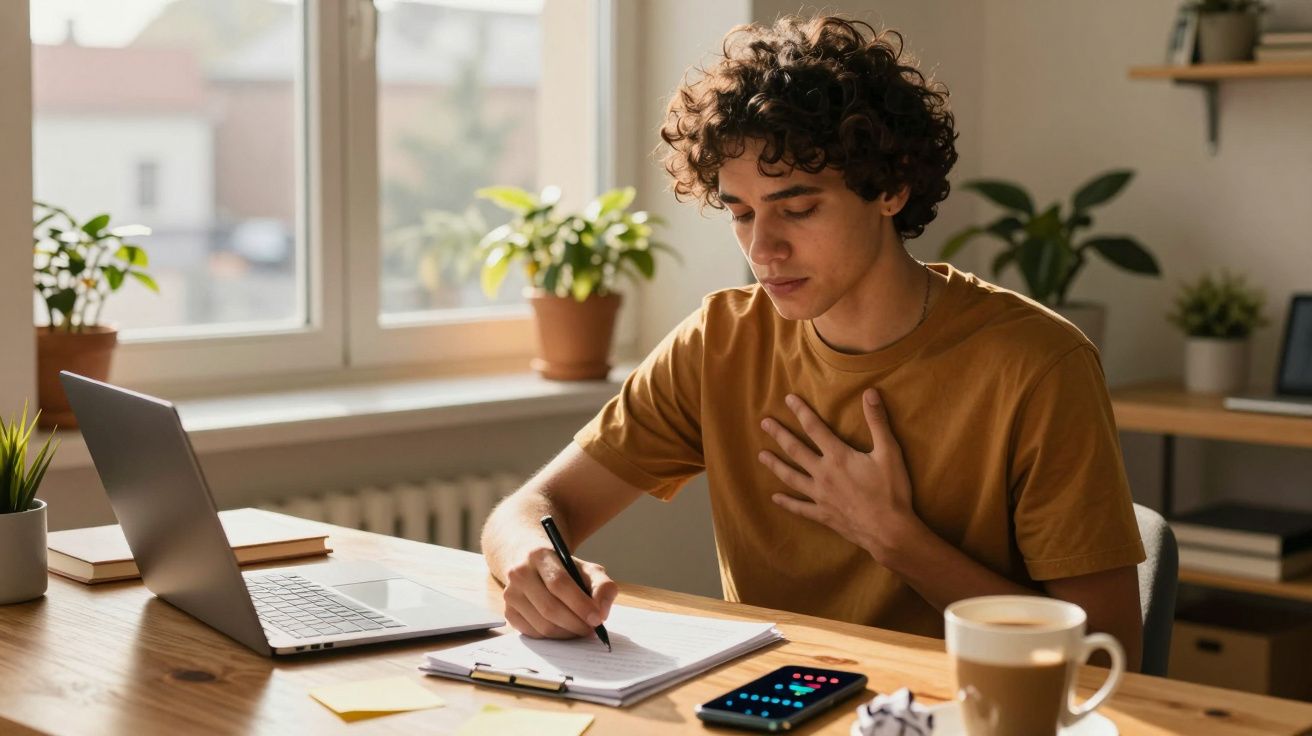 Jovem com camiseta marrom escrevendo em caderno, sentado em mesa com laptop, celular e xícara de café.