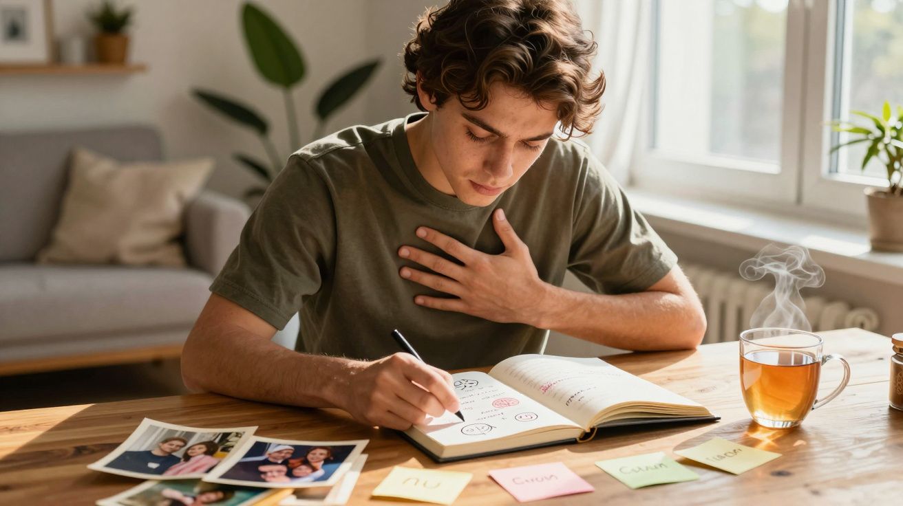 Jovem sentado à mesa escrevendo em caderno, com fotos, post-its e chá ao lado em ambiente iluminado.