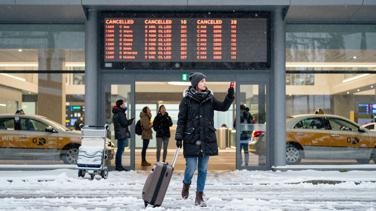 Mulher de casaco preto e gorro anda na neve em frente a painel de voos cancelados em aeroporto.