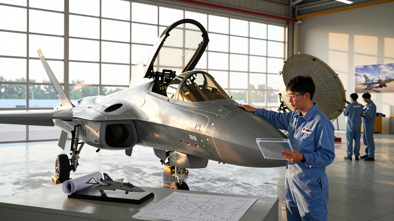 Homem com macacão azul inspeciona caça militar cinza em hangar iluminado, com maquete e plantas na mesa.