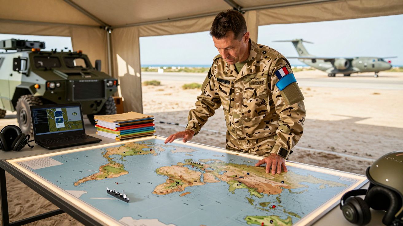 Militar em farda camuflada analisando mapa-múndi sobre mesa em tenda militar, com avião e veículo ao fundo.